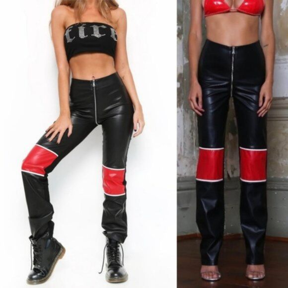 I.AM.GIA Hendrix Black Red Faux Vegan Leather Full Zip Pants Size M - Picture 1 of 10